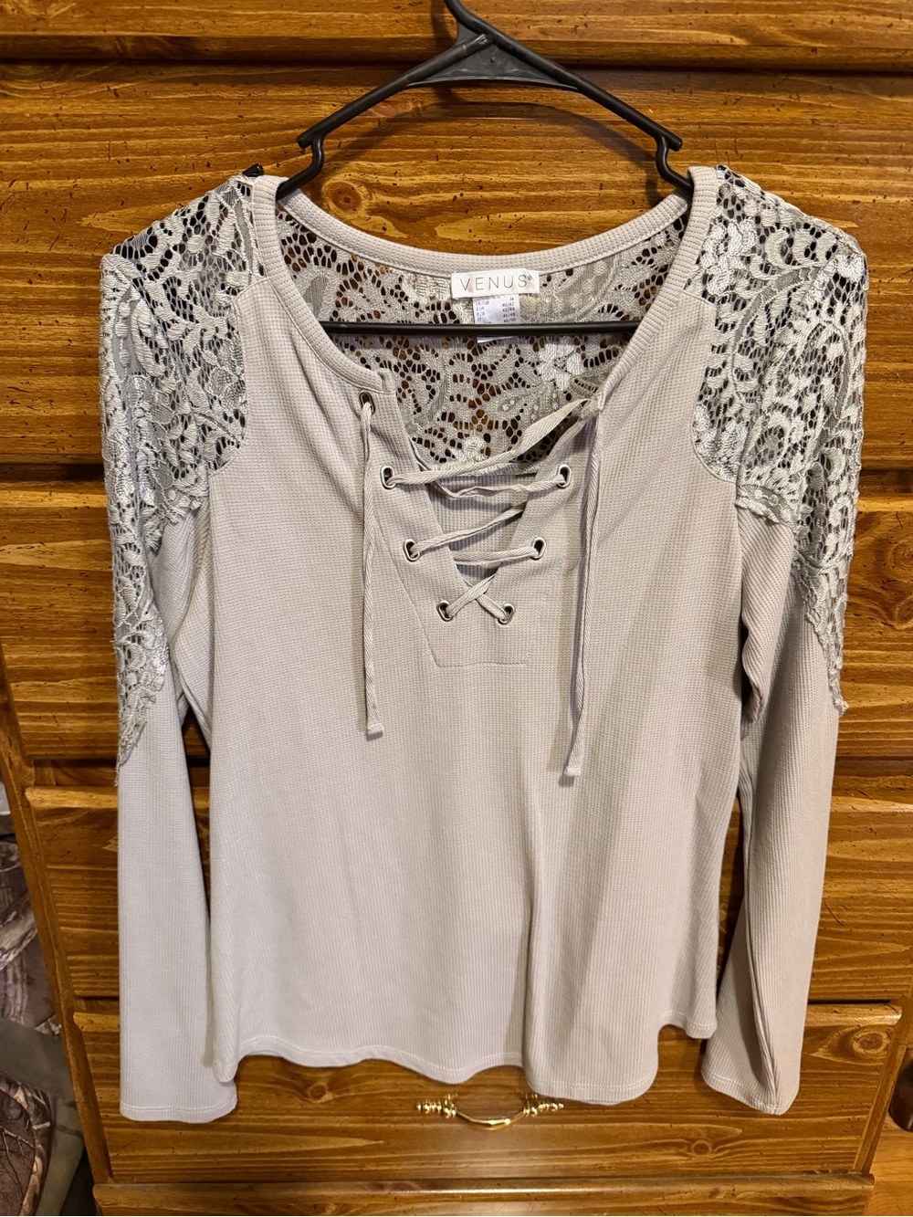 VENUS Lace-Shoulder Lace-Up Long Sleeve Top - Light Gray